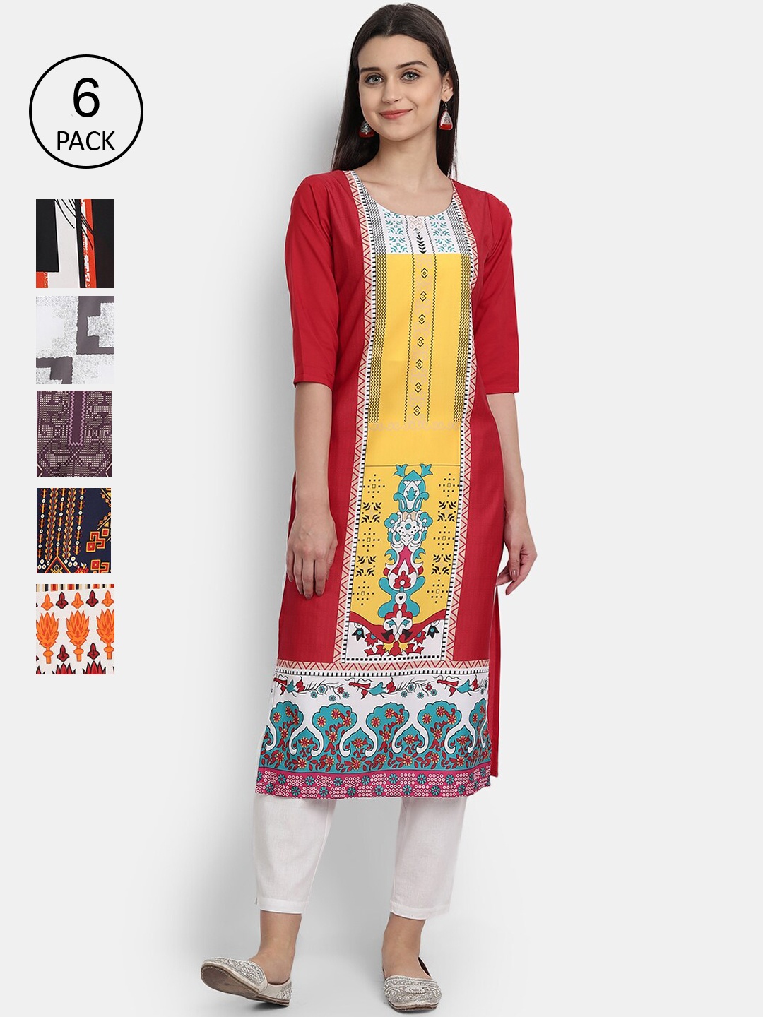 

1 Stop Fashion Women Pack of 6 Digital Printed Straight Kurtas, Red