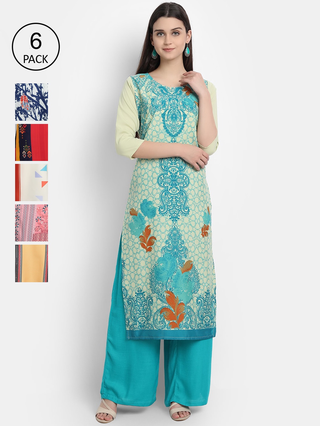 

1 Stop Fashion Woman Pack of 6 Multicoloured Printed Crepe Kurta, Multi