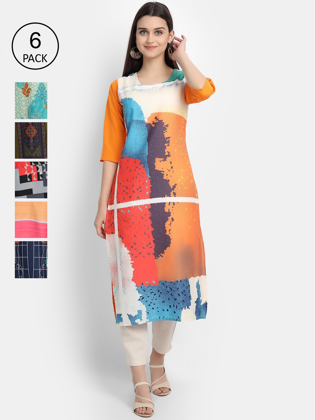 

1 Stop Fashion Women Pack Of 6 Abstract Printed Kurta, Multi