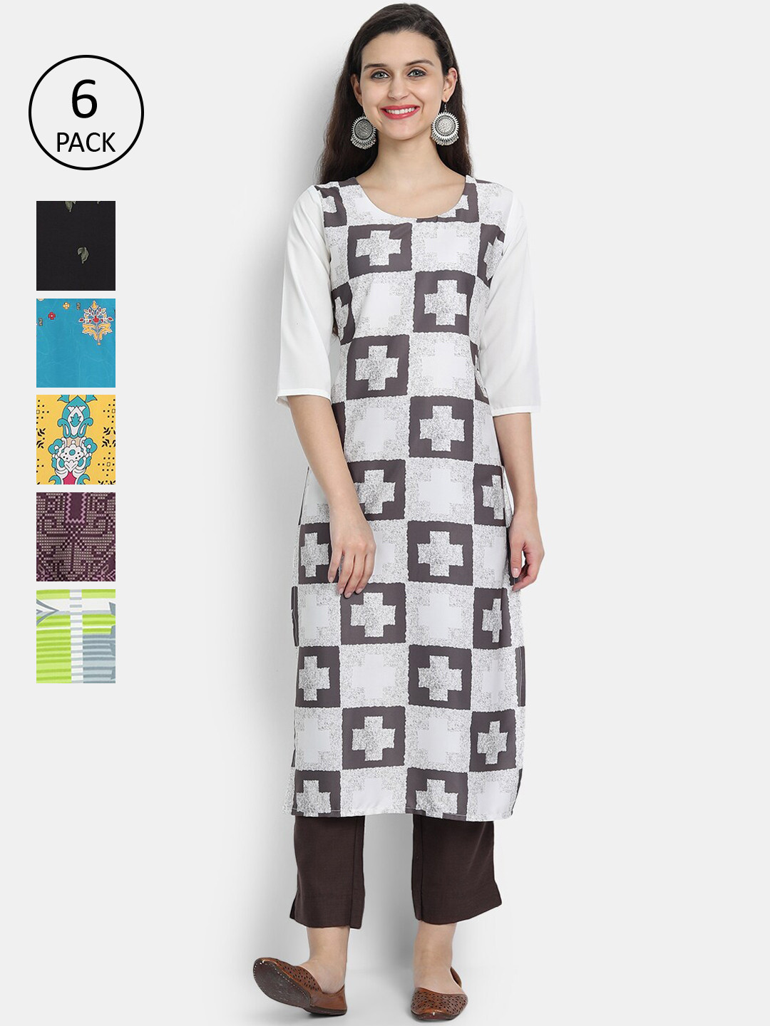 

1 Stop Fashion Women Pack Of 6 Floral Printed Kurta, White