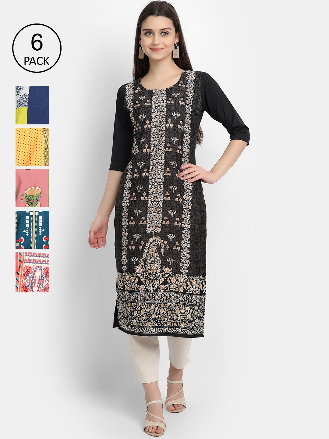 

1 Stop Fashion Women Pack Of 6 Digital Print Straight Kurta, Multi
