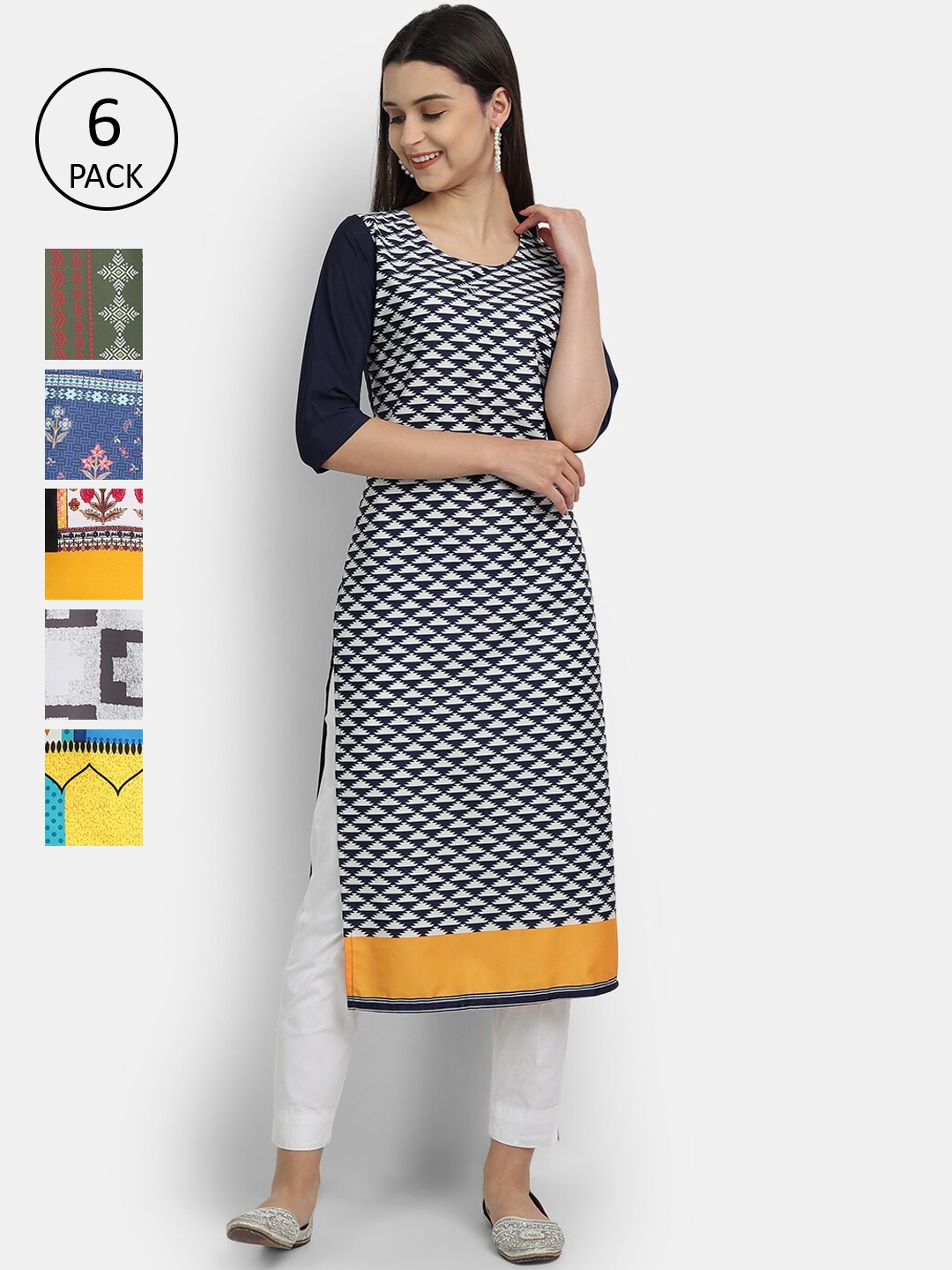 

1 Stop Fashion Women Pack of 6 Digital Printed Straight Kurtas, Navy blue