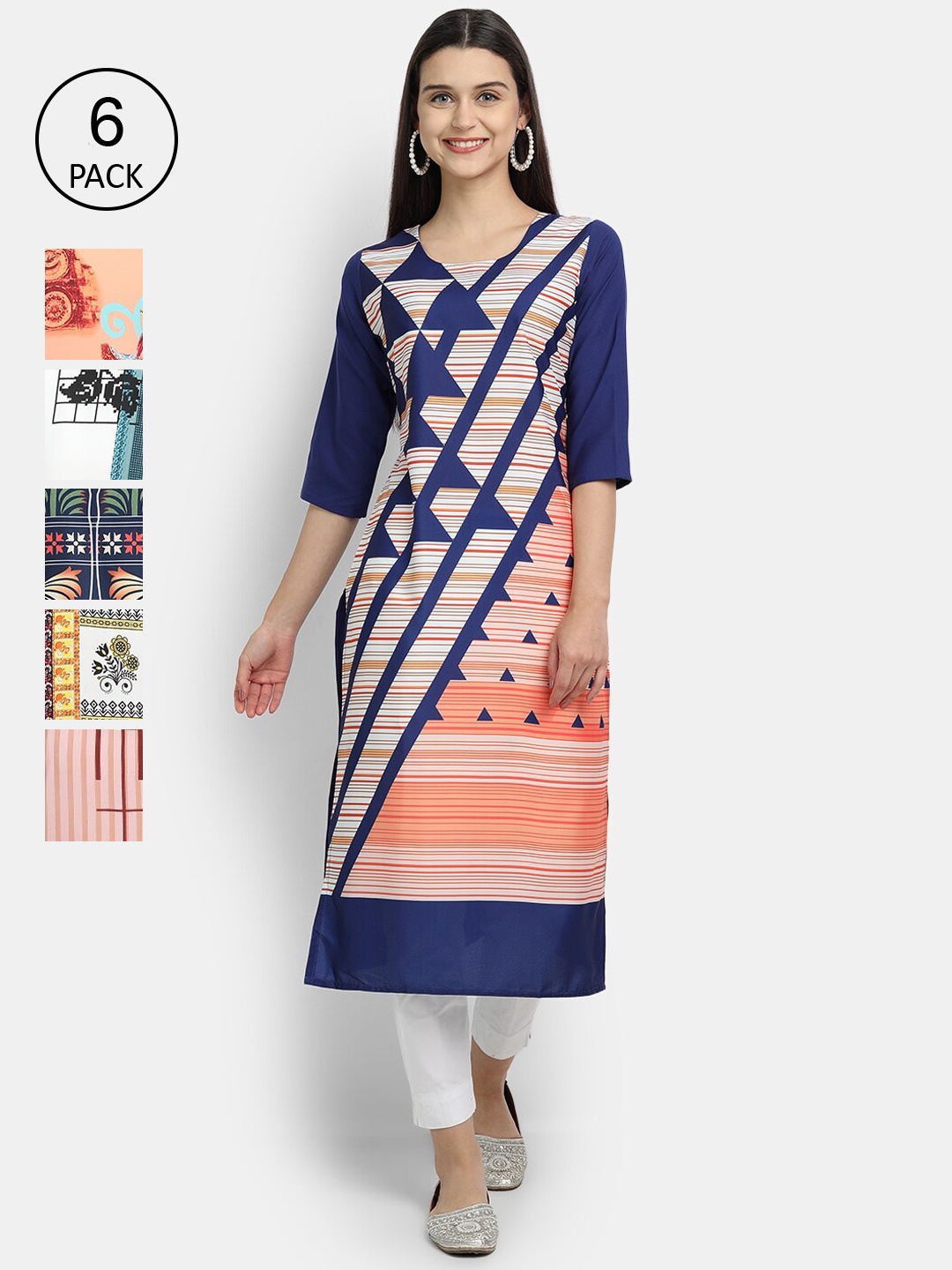 

1 Stop Fashion Women Pack of 6 Printed Kurtas, Navy blue