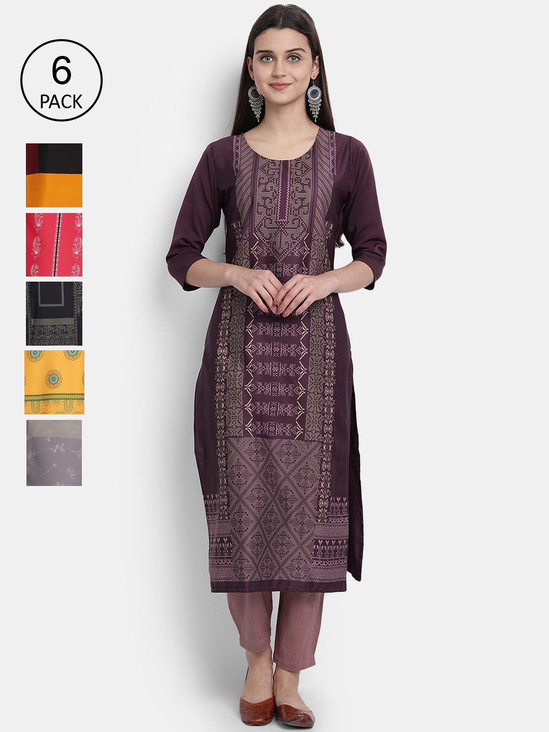 

1 Stop Fashion Woman Pack of 6 Multicoloured Geometric Striped Crepe Kurta, Multi