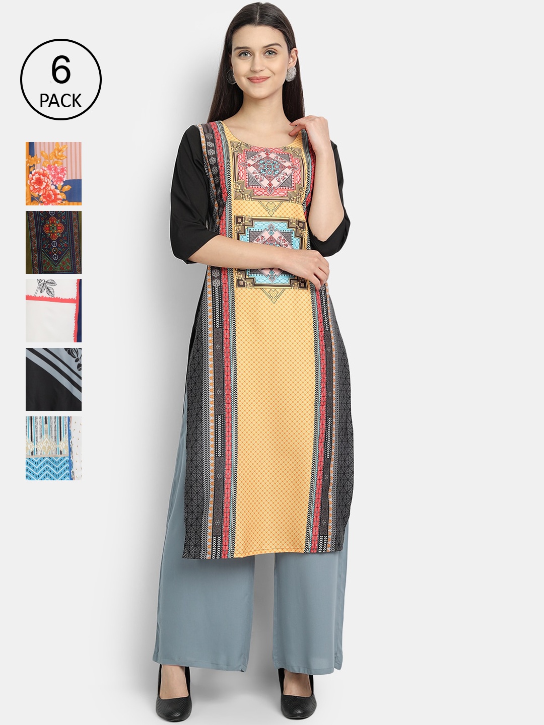 

1 Stop Fashion Women Pack Of 6 Multicoloured Digital Printed Crepe Kurta, Multi