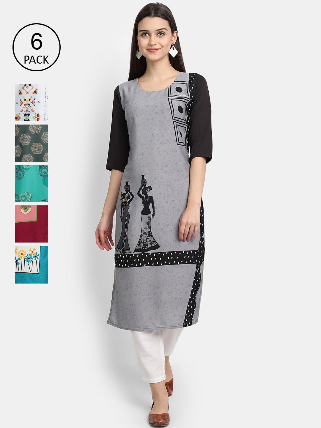 

1 Stop Fashion Women Pack Of 6 Digital Print Straight Kurta, Multi