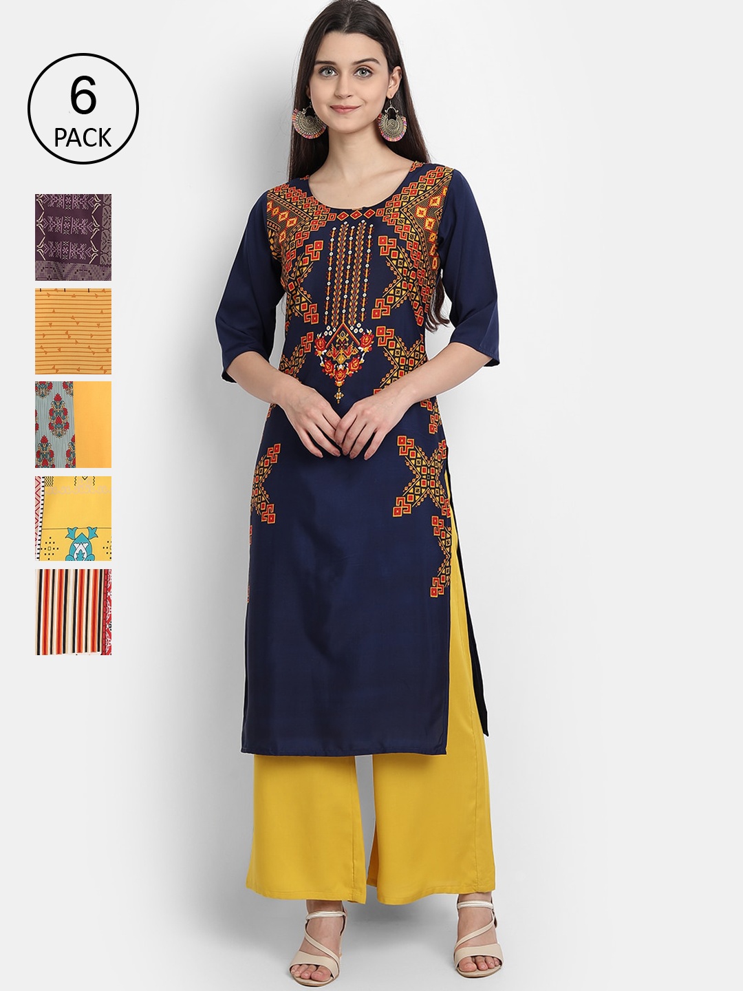 

1 Stop Fashion Women Pack of 6 Navy Blue & Violet Ethnic Motifs Printed Kurta