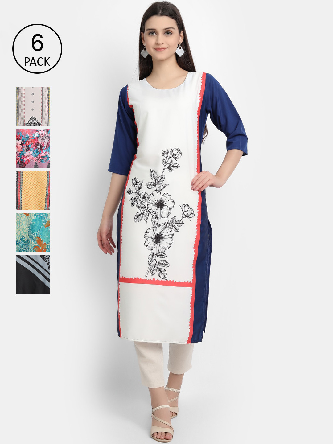 

1 Stop Fashion Women Pack Of 6 Multicoloured Digital Printed Crepe Kurta, Multi