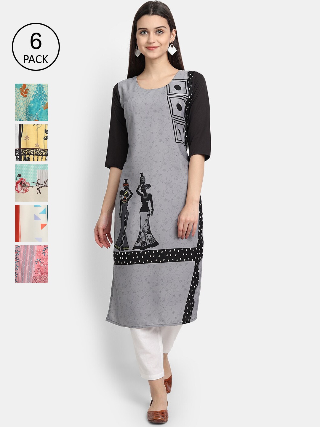 

1 Stop Fashion Women Set of 6 Printed Crepe Kurta, Multi