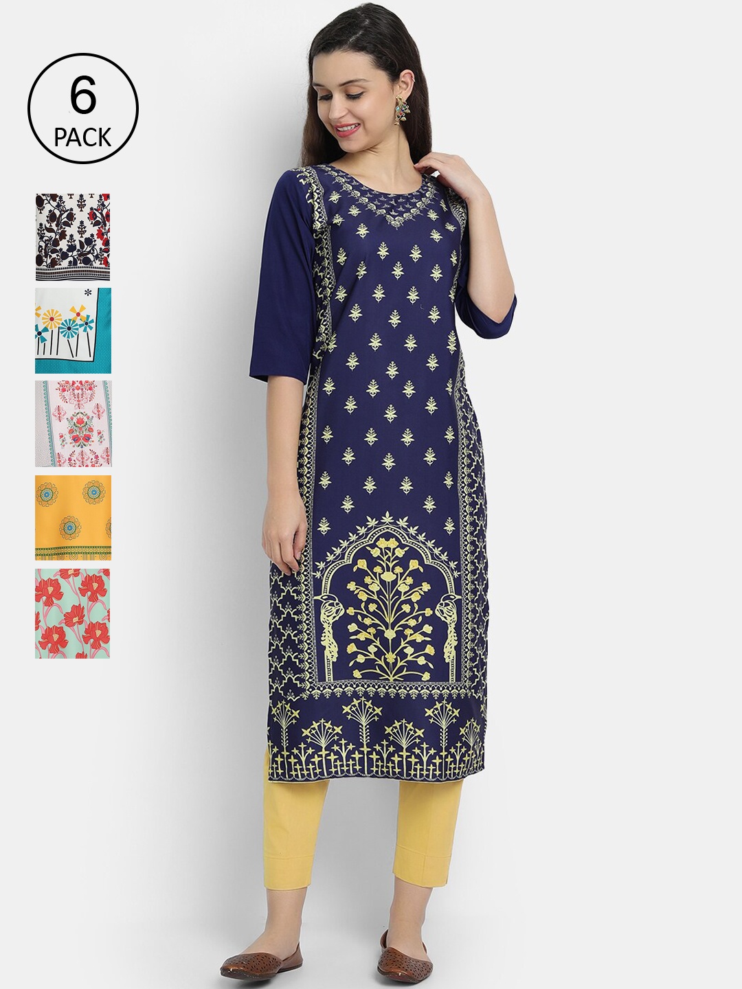 

1 Stop Fashion Pack of 6 Women Printed Crepe Kurta, Multi
