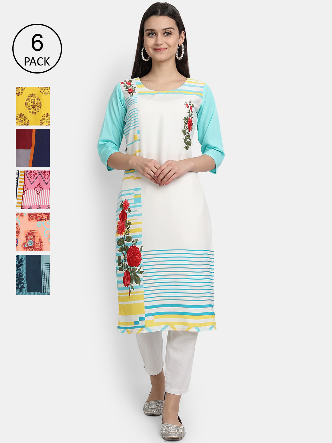 

1 Stop Fashion Women Pack Of 6 Multicoloured Digital Printed Crepe Kurta, Multi