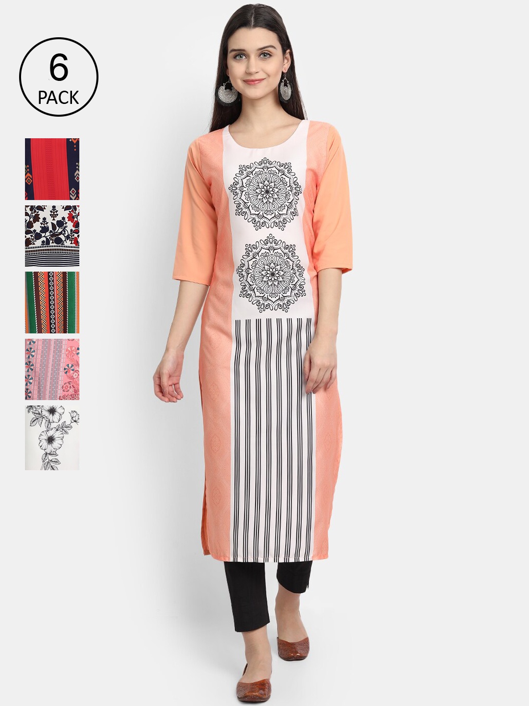 

1 Stop Fashion Women Pack Of 6 Printed Crepe Kurta, Peach