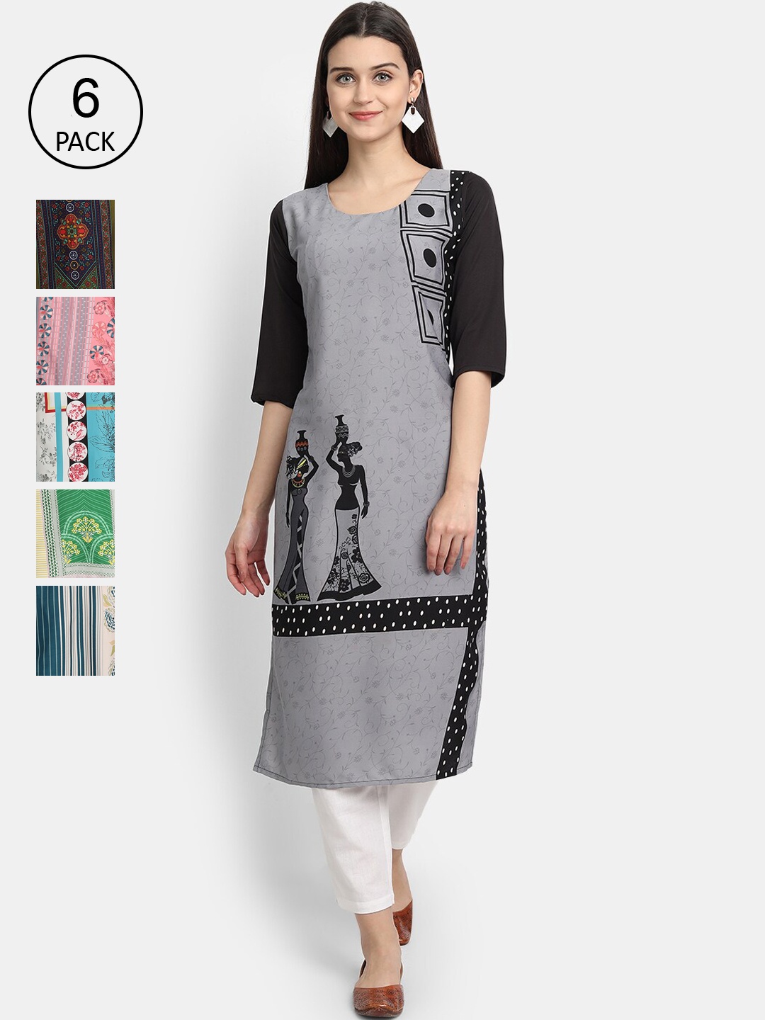 

1 Stop Fashion Women Pack of 6 Printed Crepe Kurtas, Grey