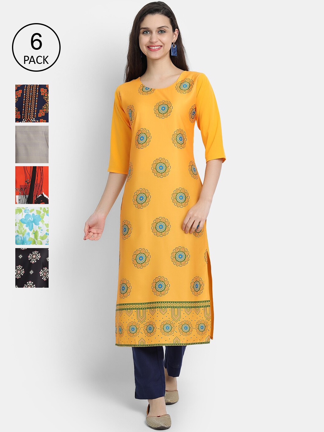 

1 Stop Fashion Women Pack of 6 Printed Kurtas, Yellow