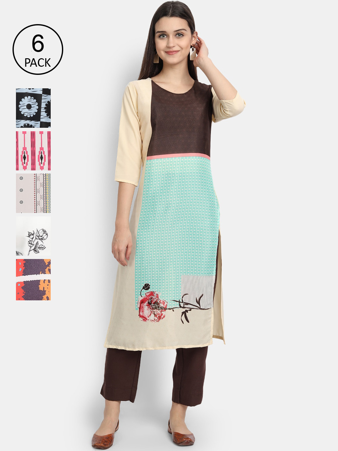

1 Stop Fashion Women Set of 6 Printed Crepe Kurta, Multi