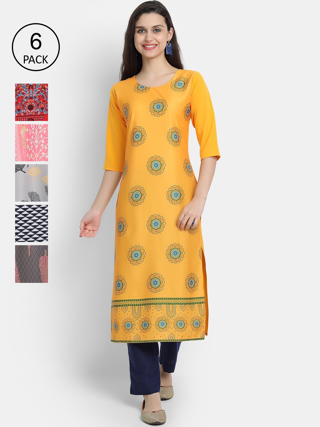 

1 Stop Fashion Women Pack Of 6 Multicoloured Geometric Printed Crepe Kurtas, Multi