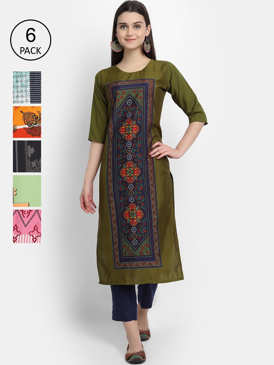 

1 Stop Fashion Women Pack Of 6 Digital Print Straight Kurta, Multi