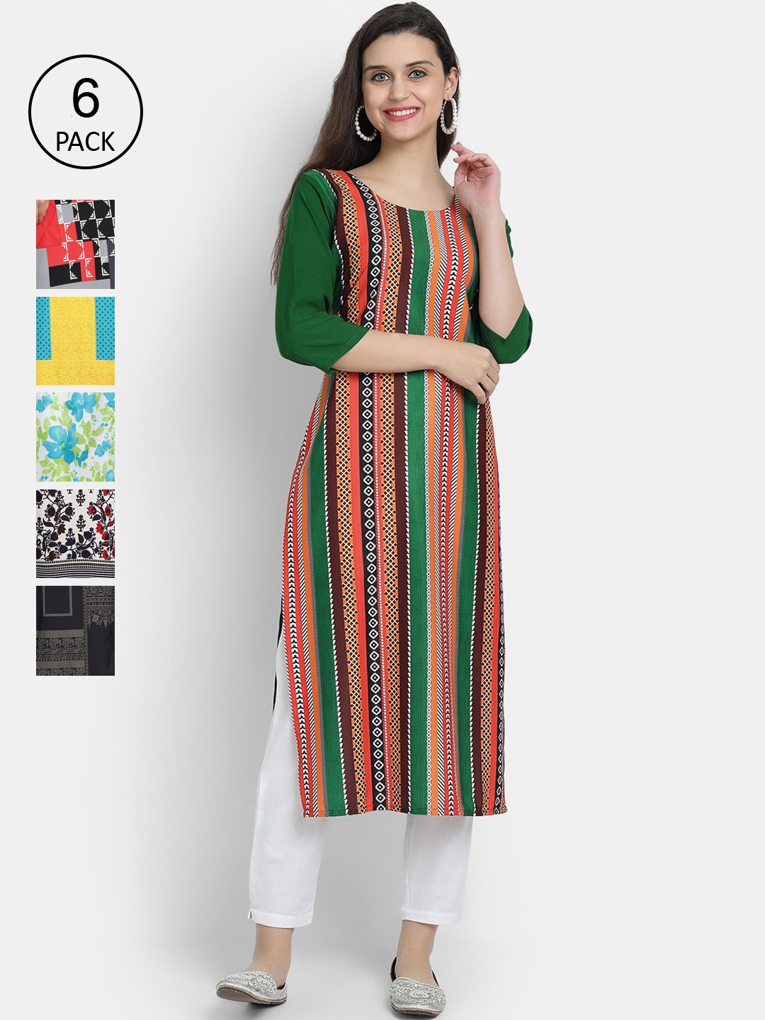 

1 Stop Fashion Women Set of 6 Printed Crepe Kurta, Multi