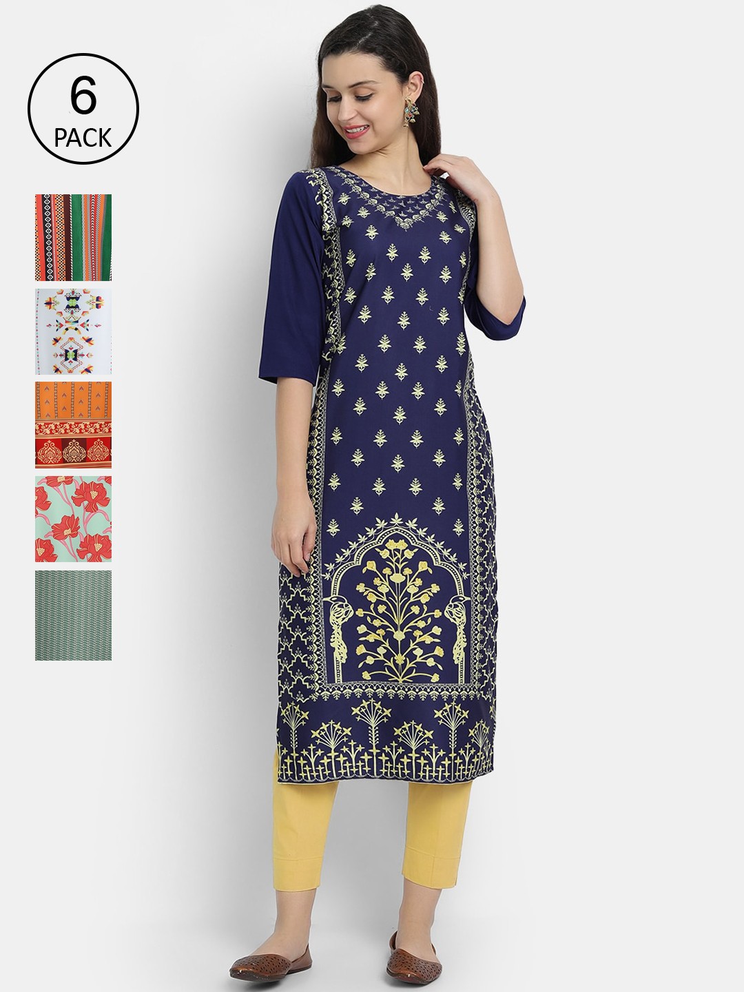 

1 Stop Fashion Women Navy Blue & Yellow Pack of 6 Printed Crepe Kurta