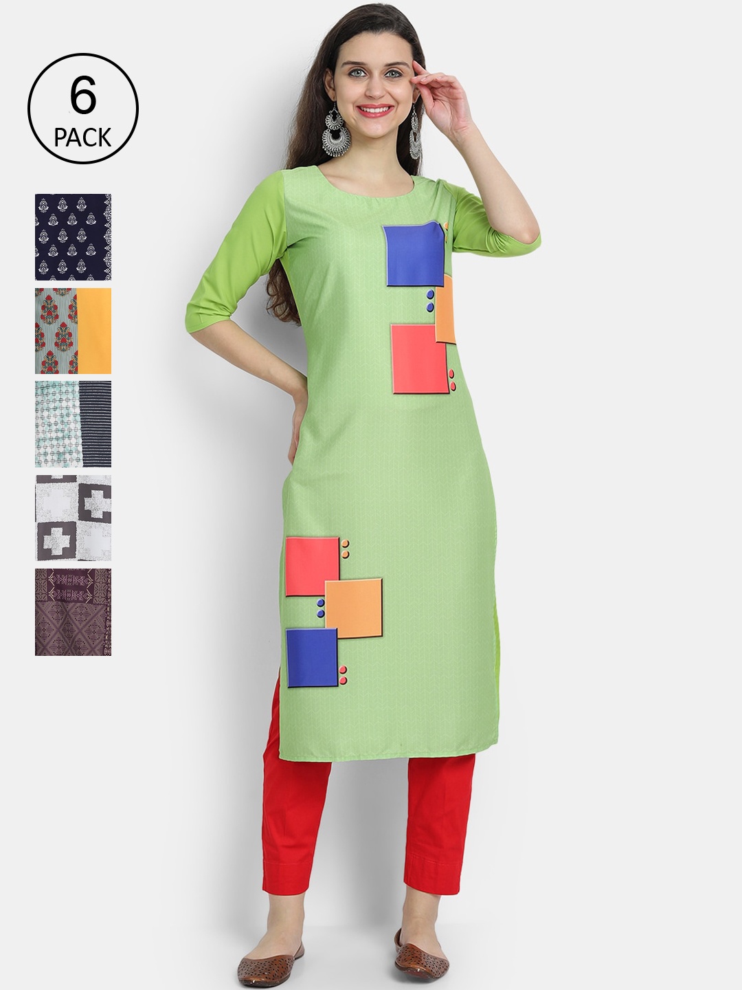 

1 Stop Fashion Women Pack Of 6 Digital Printed Crepe Kurta, Green