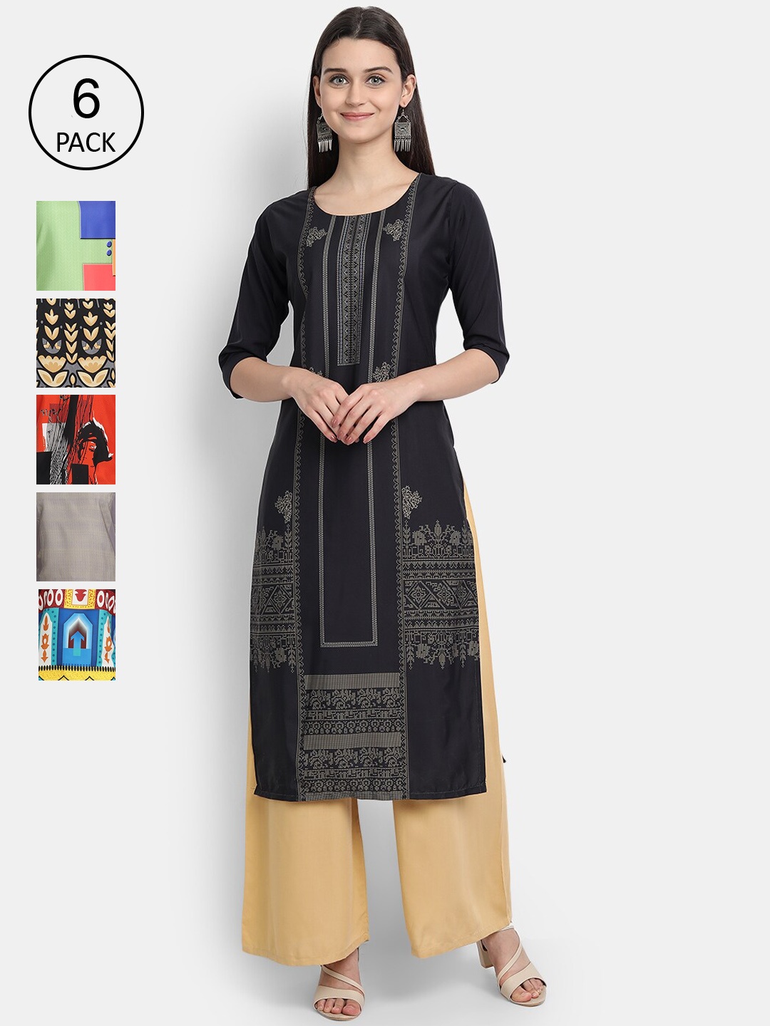 

1 Stop Fashion Woman Pack of 6 Multicoloured Geometric Printed Crepe Kurta, Multi