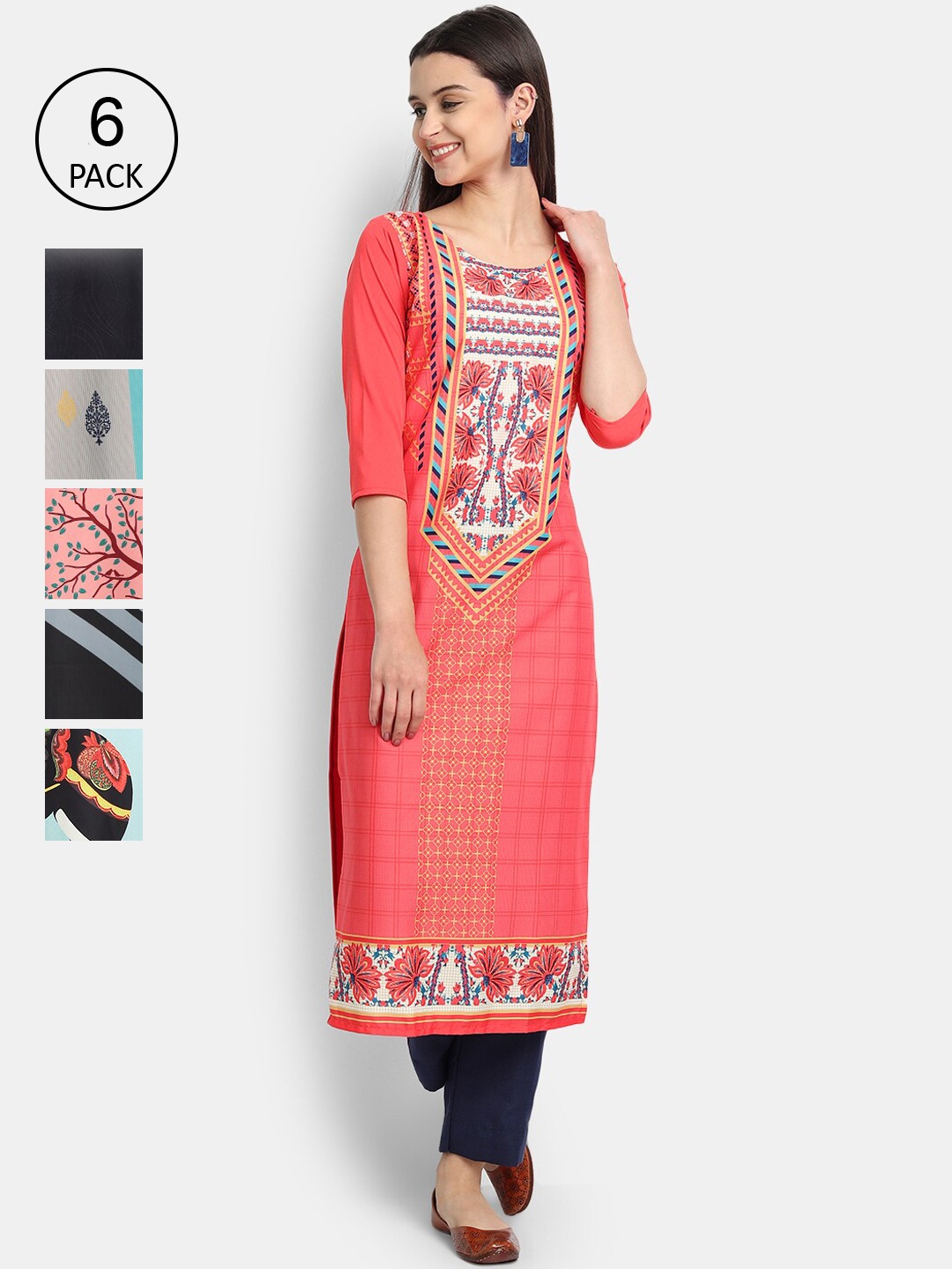 

1 Stop Fashion Women Pack of 6 Pink & Blue Ethnic Motifs Printed Kurta