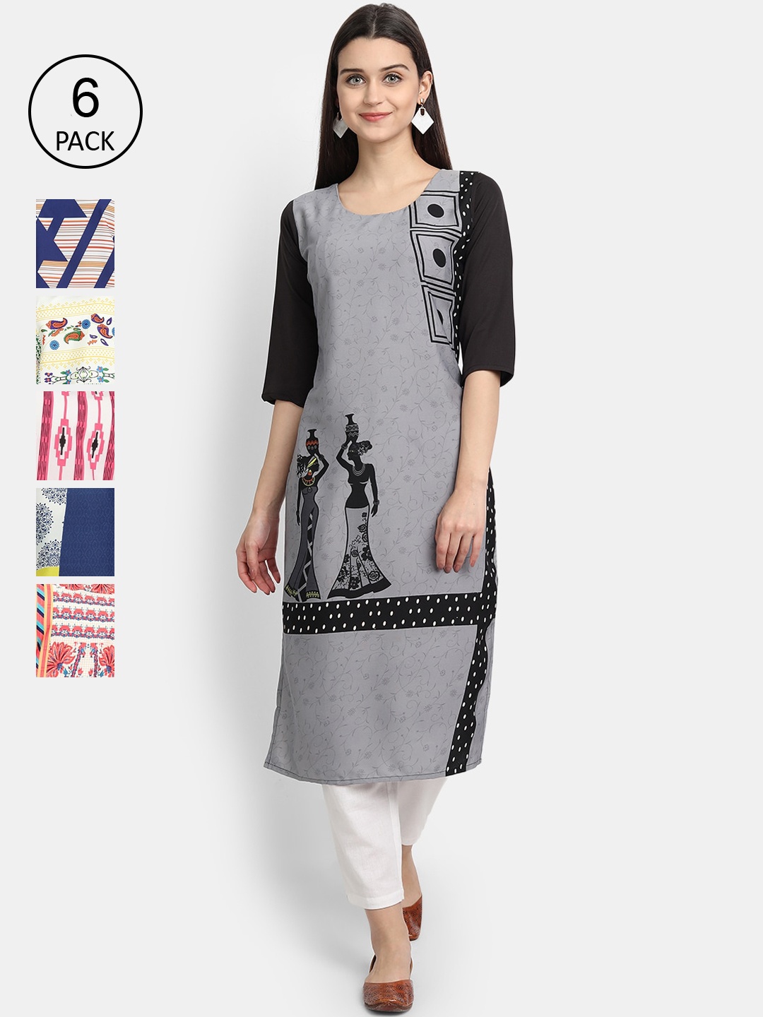 

1 Stop Fashion Women Grey & Black Pack of 6 Printed Crepe Kurta