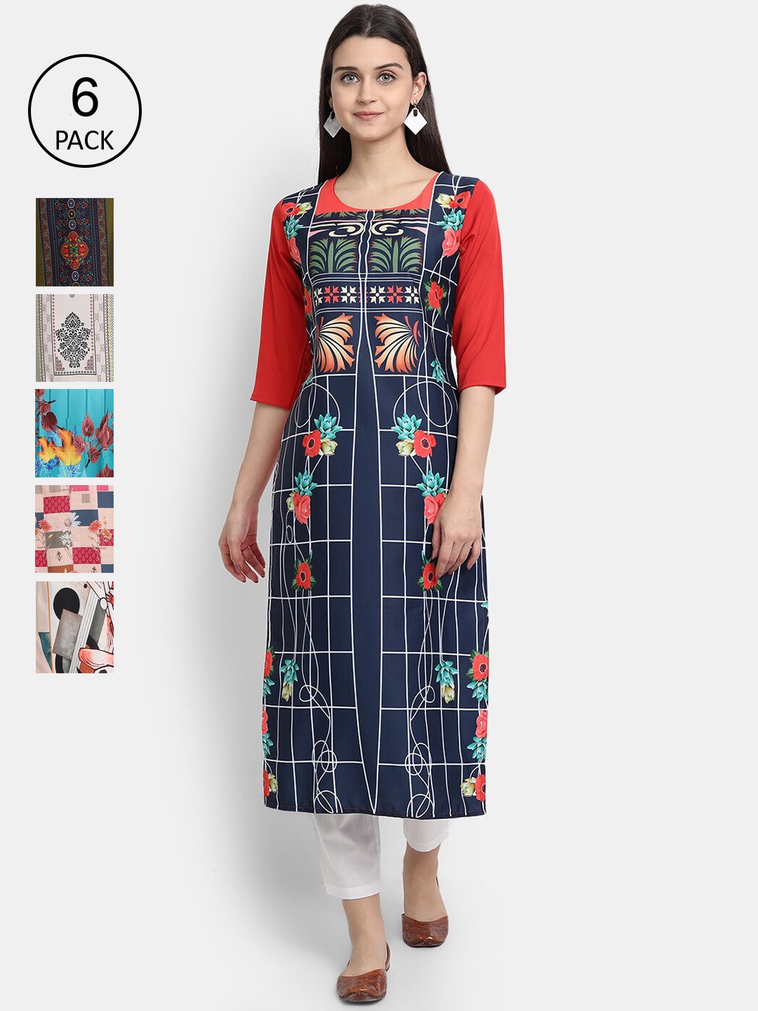 

1 Stop Fashion Women Pack Of 6 Multicoloured Geometric Printed Patchwork Crepe Kurtas, Multi