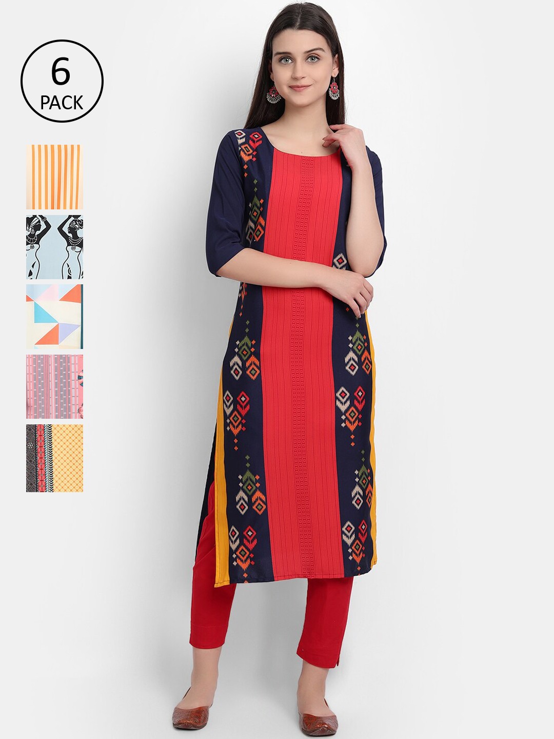 

1 Stop Fashion Women Red & Black Pack of 6 Printed Crepe Kurta
