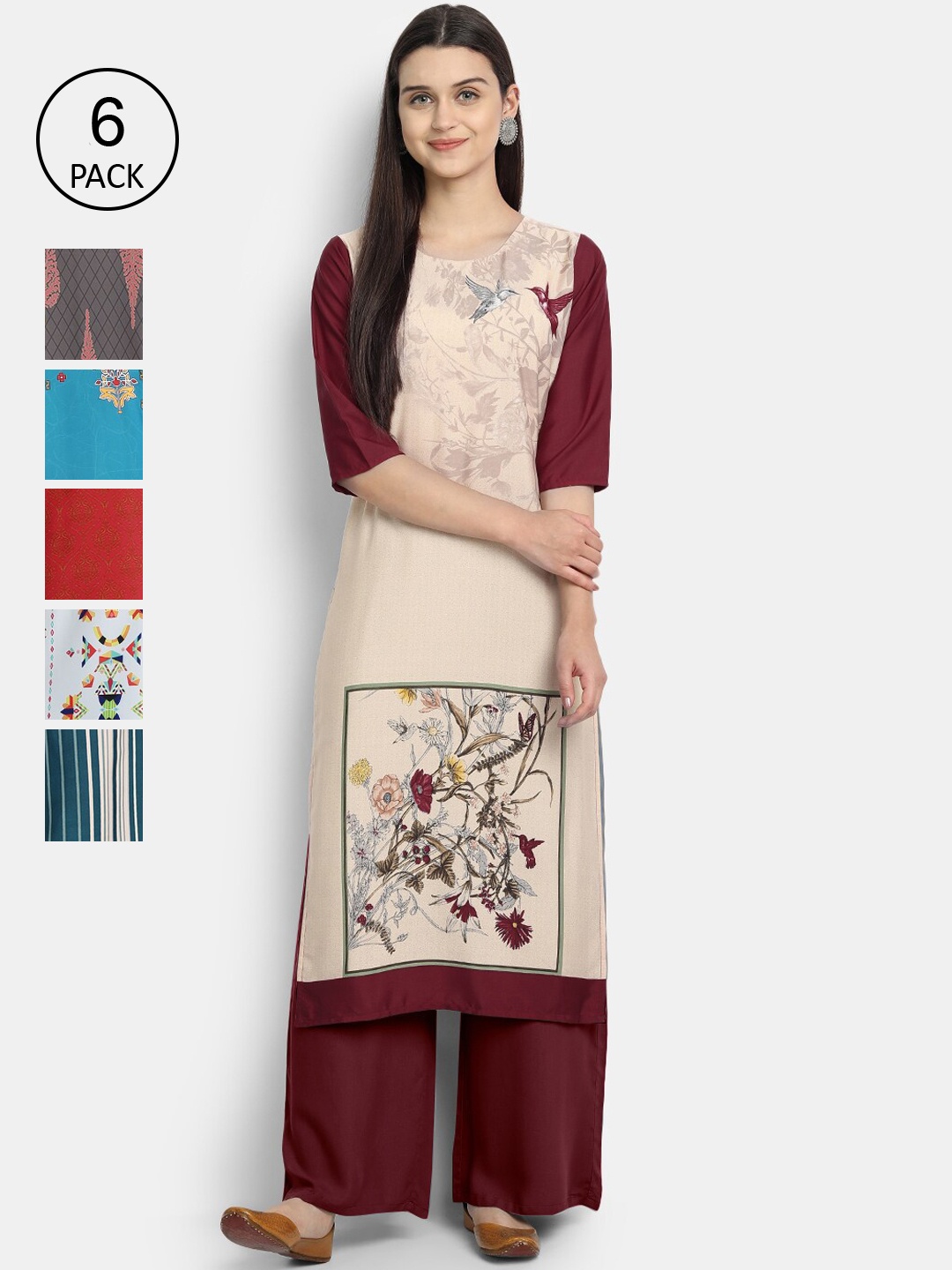 

1 Stop Fashion Women Beige & Green Pack of 6 Printed Crepe Kurta