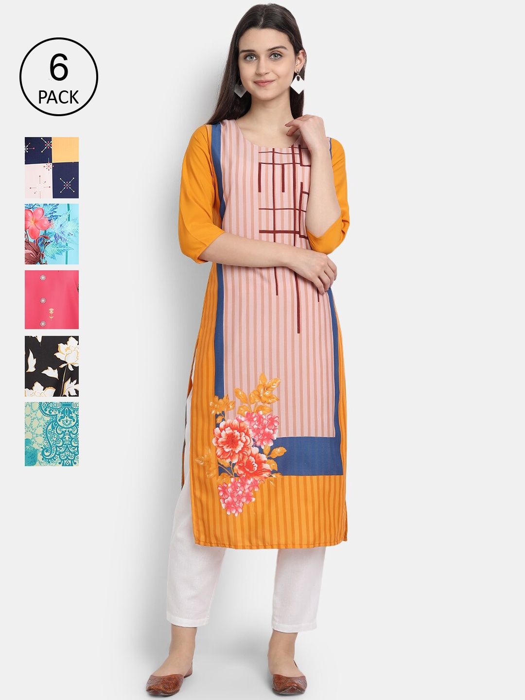 

1 Stop Fashion Pack of 6 Women Printed Crepe Kurta, Multi