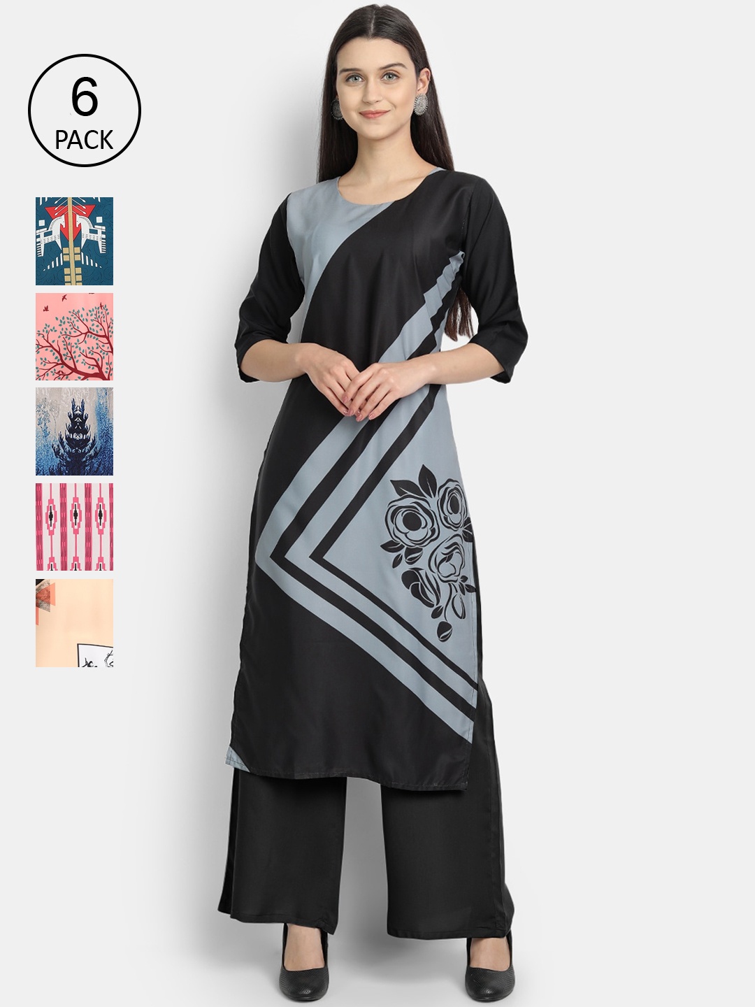 

1 Stop Fashion Women Pack Of 6 Multicoloured Digital Printed Crepe Kurta, Multi