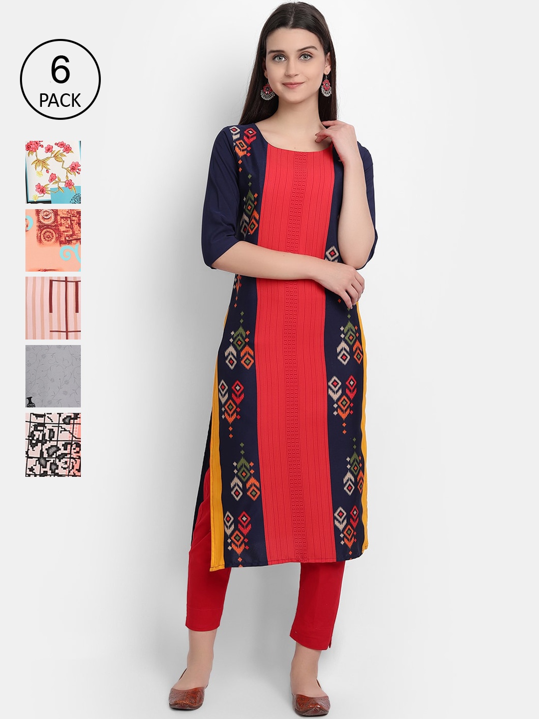 

1 Stop Fashion Women Pack Of 6 Digital Print Straight Kurta, Multi