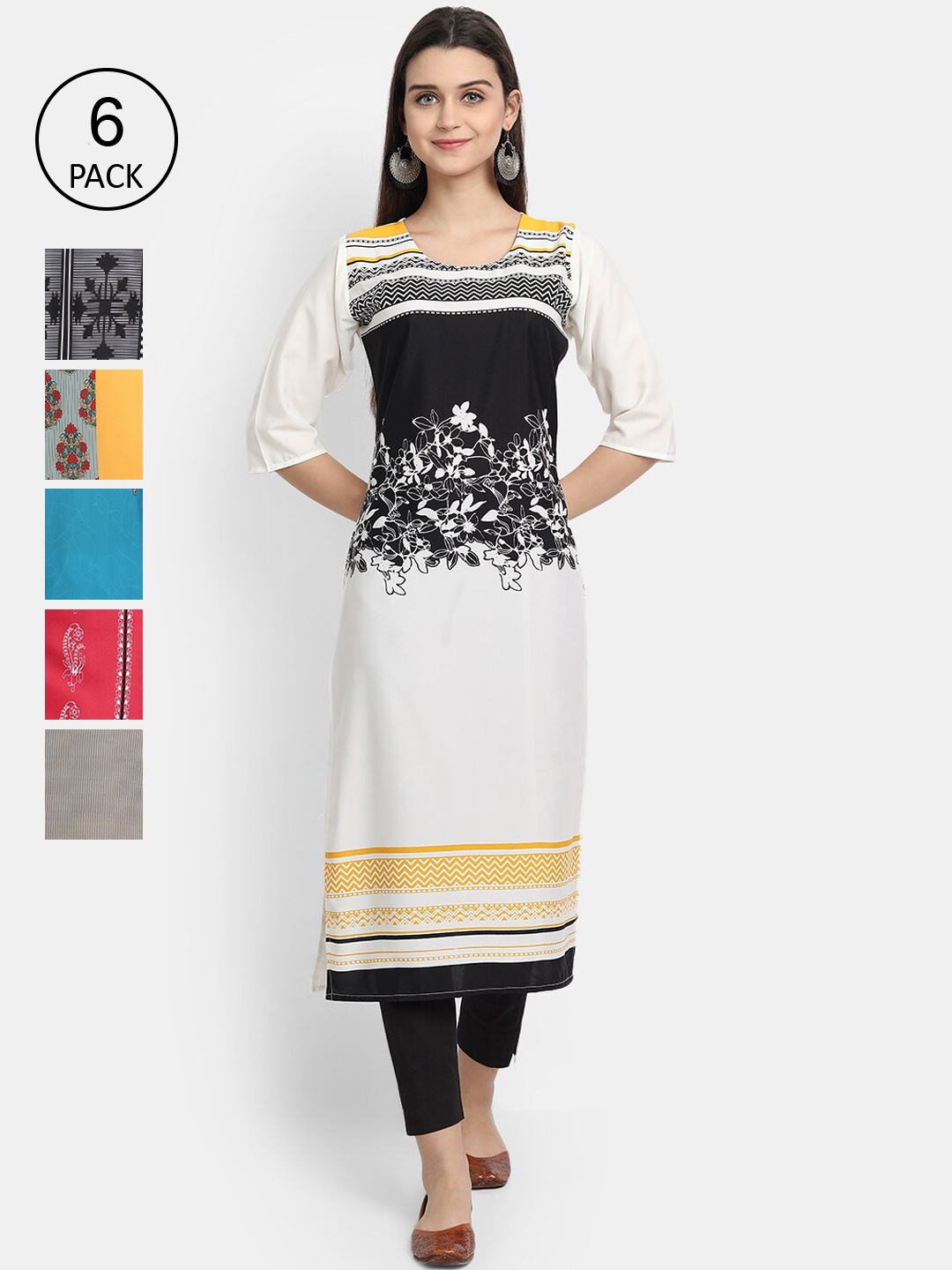 

1 Stop Fashion Women Pack Of 6 Printed Crepe Kurta, White