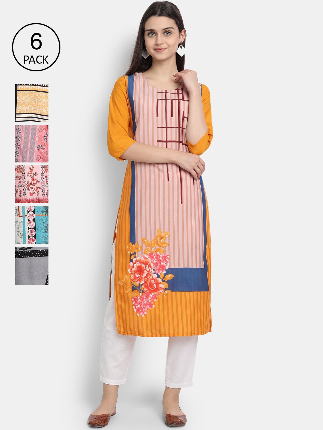

1 Stop Fashion Pack of 6 Women Printed Crepe Kurta, Multi
