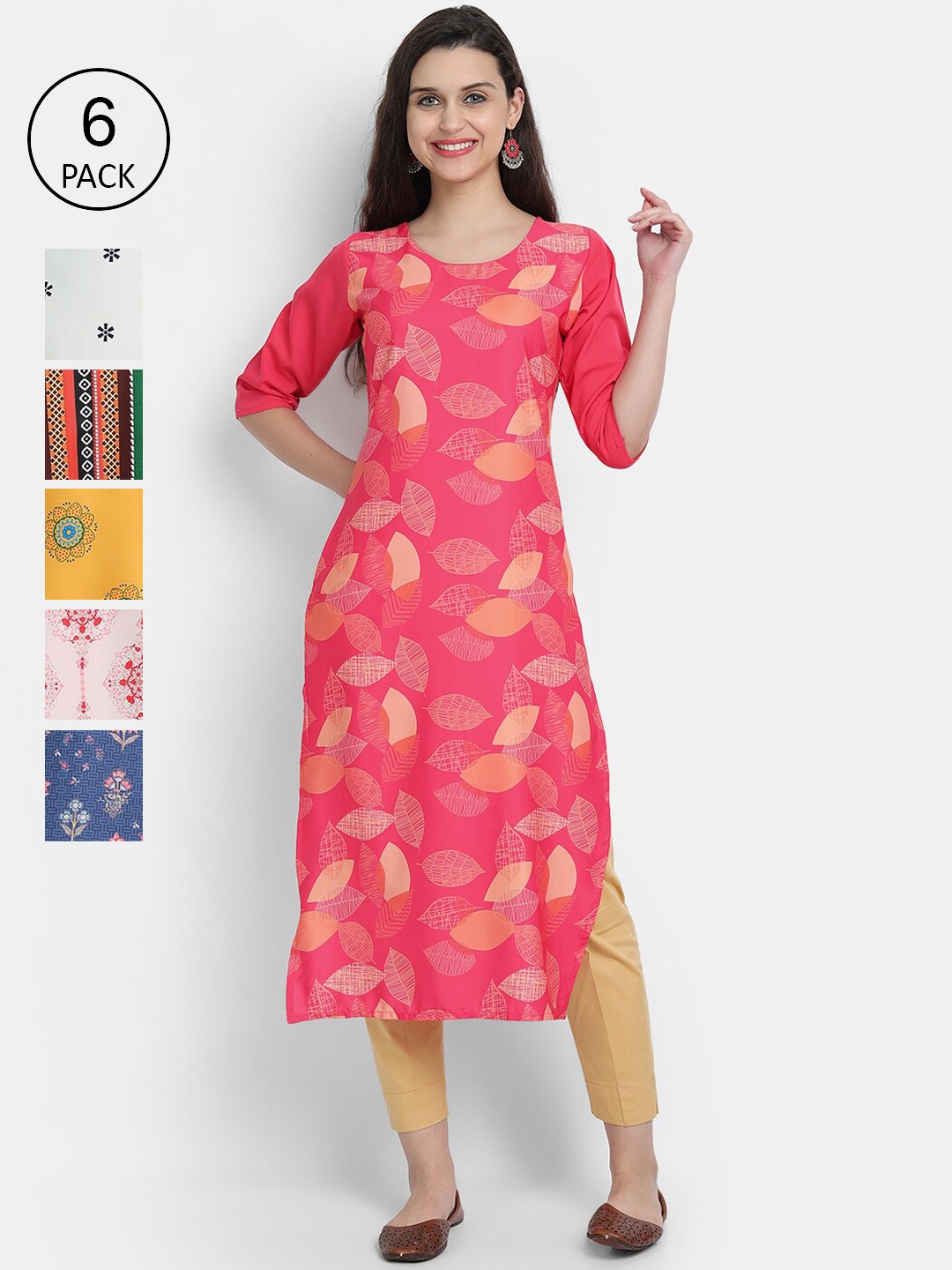 

1 Stop Fashion Women Pack of 6 Digital Printed Straight Kurtas, Pink