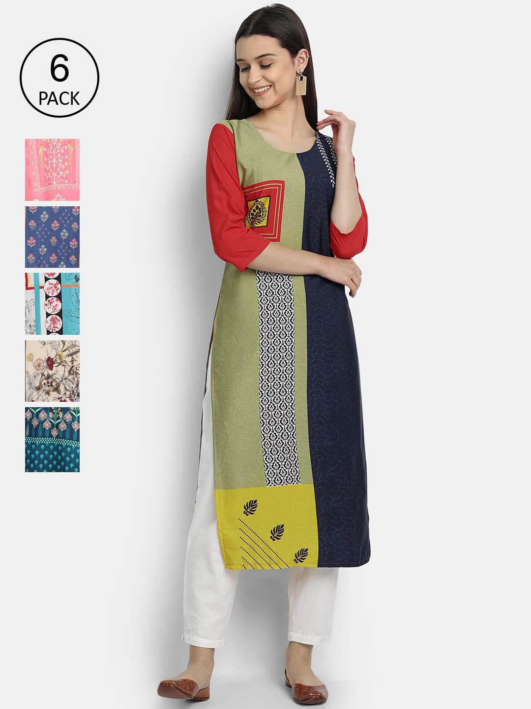 

1 Stop Fashion Women Pack Of 6 Digital Printed Crepe Kurta, Green