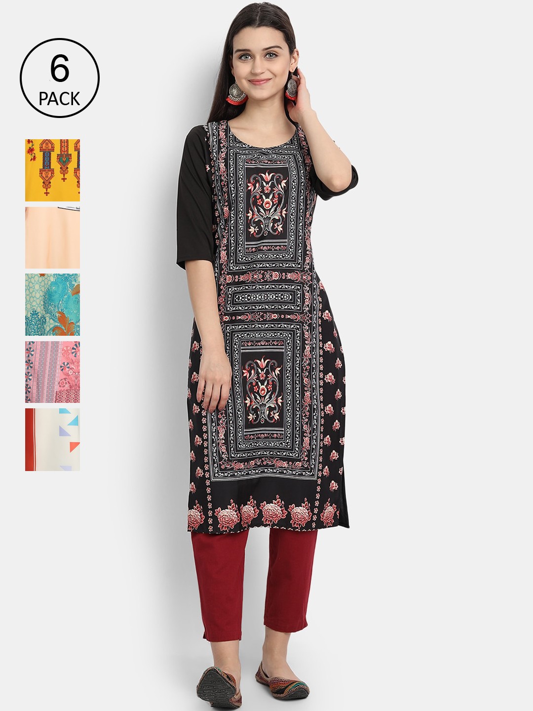 

1 Stop Fashion Women Pack Of 6 Multicoloured Digital Printed Crepe Kurta, Multi