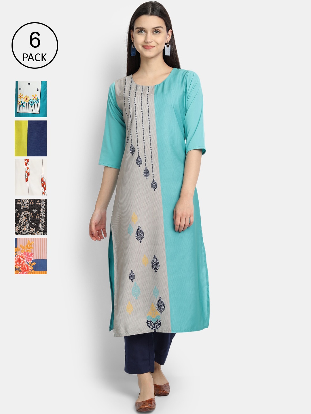 

1 Stop Fashion Women Pack Of 6 Digital Print Straight Kurta, Multi