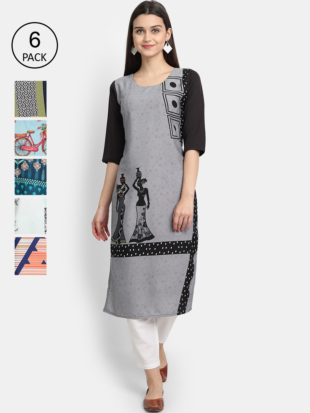 

1 Stop Fashion Women Pack Of 6 Digital Print Straight Kurta, Multi