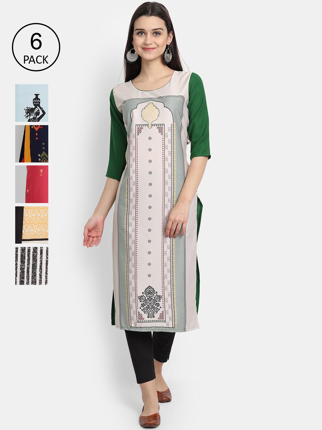 

1 Stop Fashion Woman Pack of 6 Multicoloured Ethnic Motifs Printed Crepe Kurta, Multi
