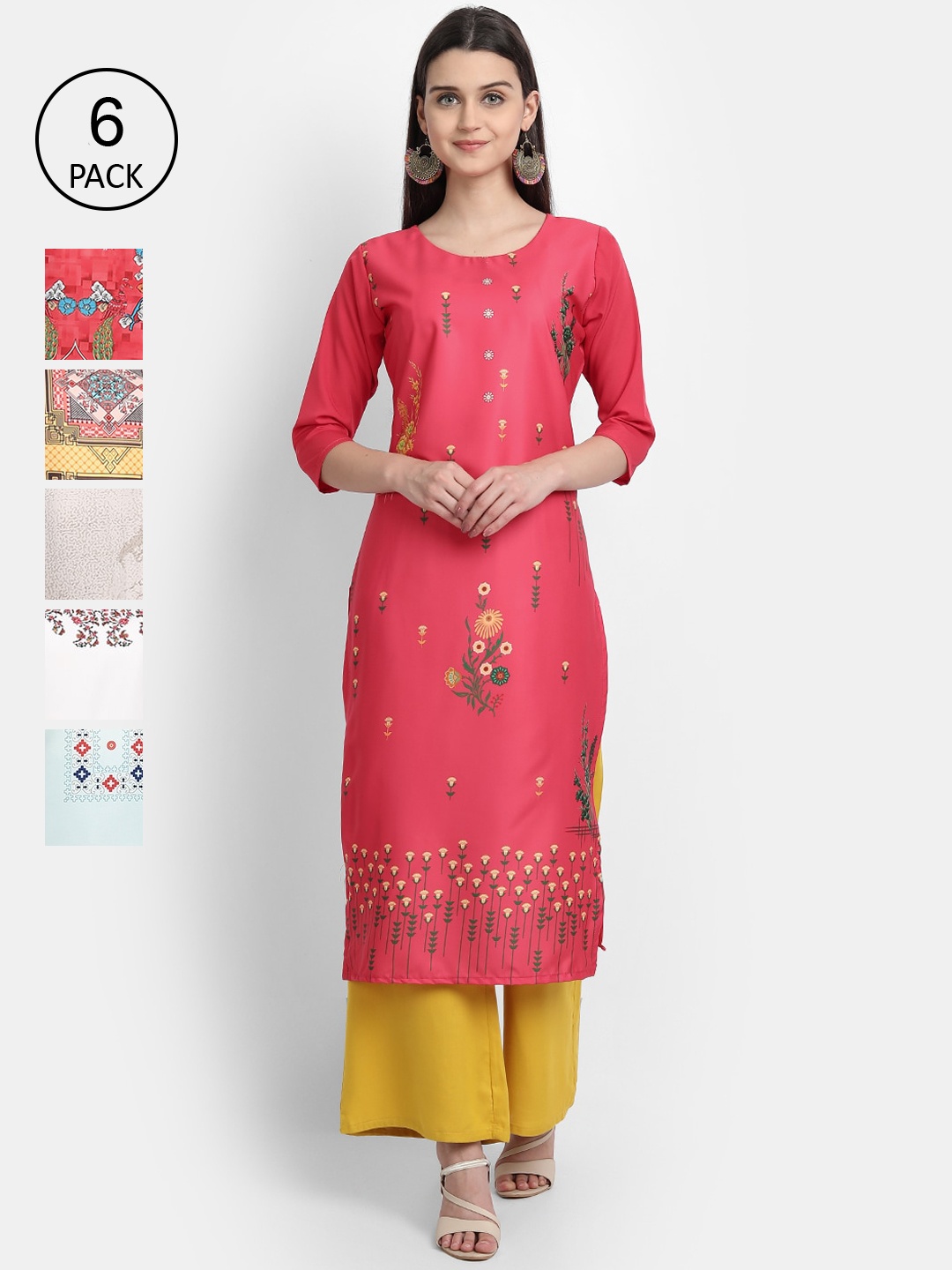 

1 Stop Fashion Women Black & Yellow Pack of 6 Printed Crepe Kurta
