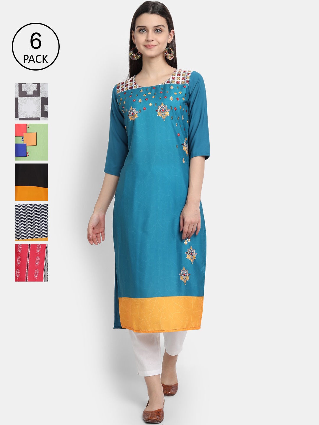 

1 Stop Fashion Women Pack Of 6 Multicoloured Digital Printed Crepe Kurta, Multi