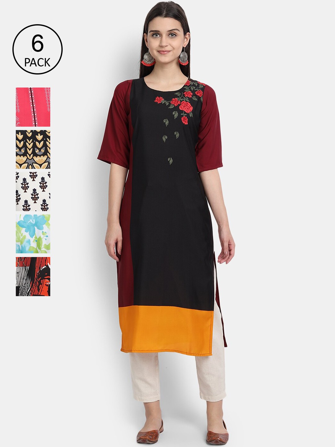 

1 Stop Fashion Women Pack Of 6 Digital Printed Crepe Kurta, Black