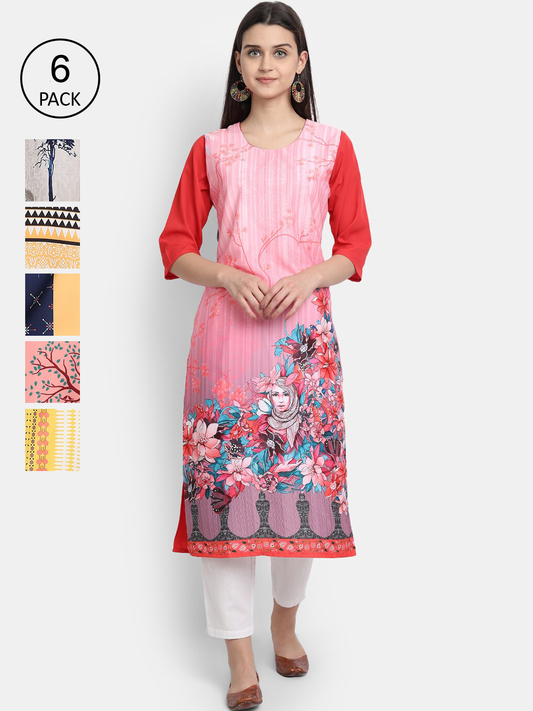 

1 Stop Fashion Women Pack of 6 Printed Kurtas, Pink