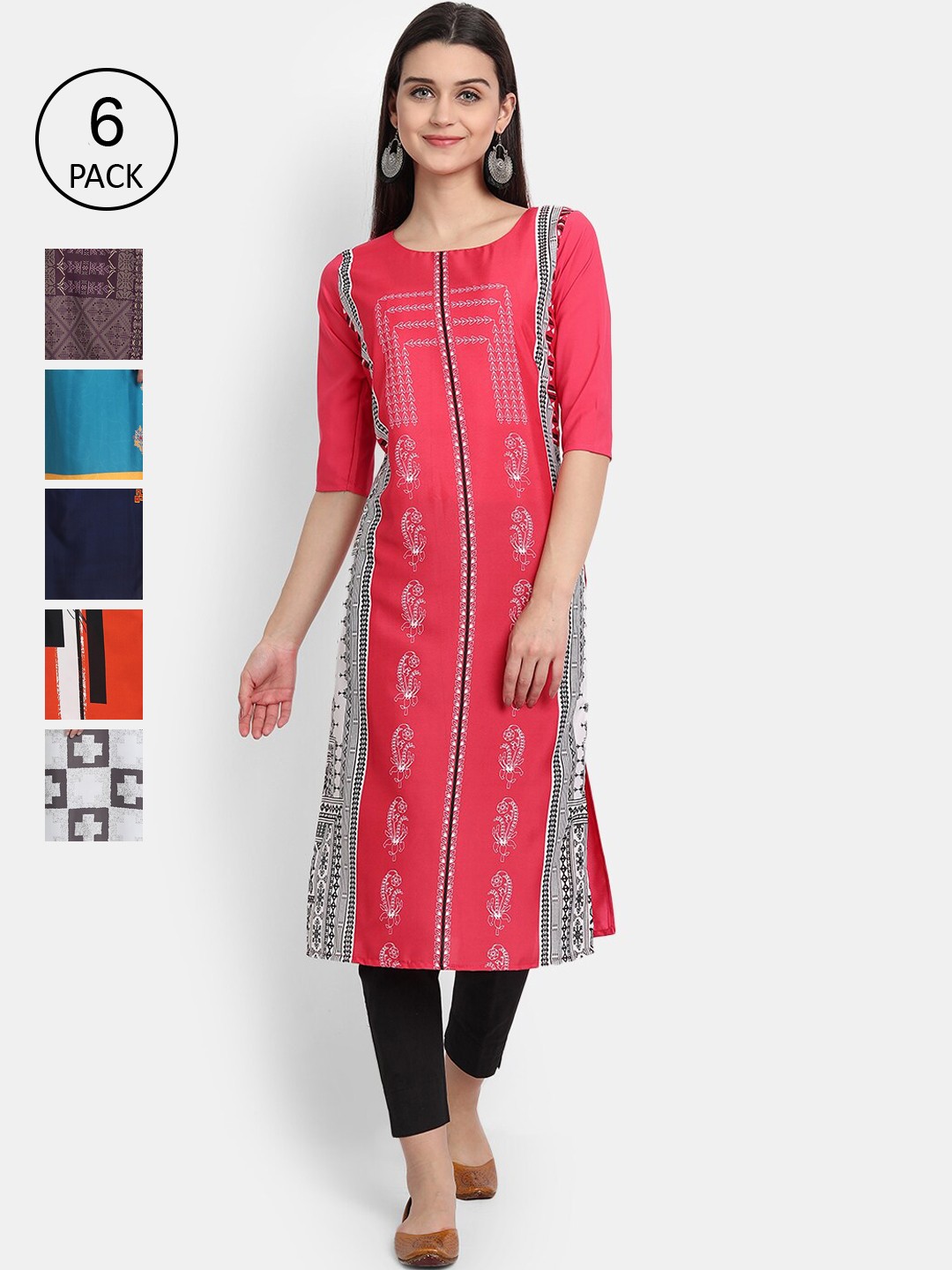 

1 Stop Fashion Women Pack Of 6 Printed Crepe Kurta, Pink