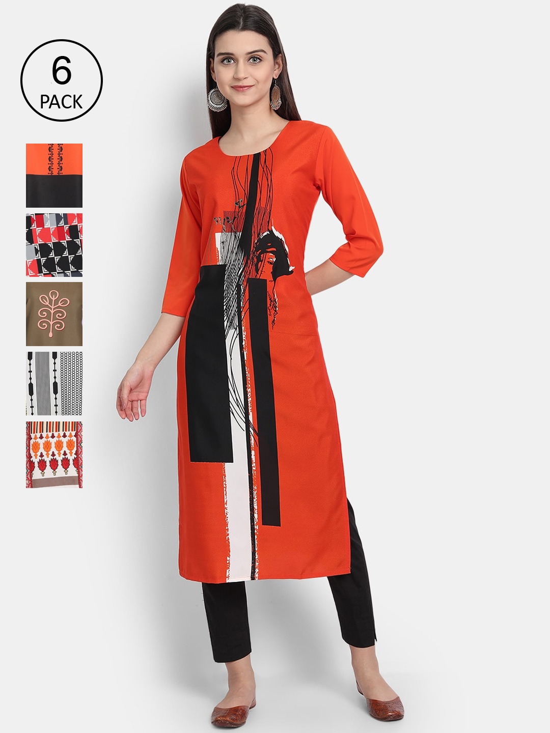

1 Stop Fashion Pack of 6 Women Printed Crepe Kurta, Multi