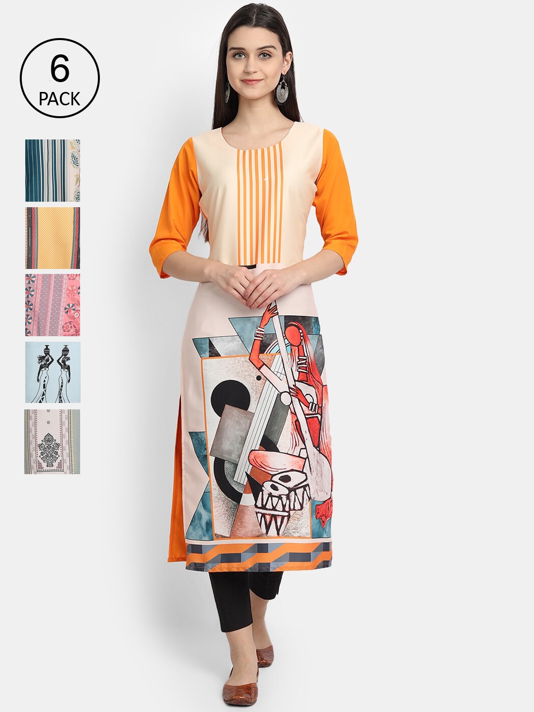 

1 Stop Fashion Women Pack Of 6 Digital Printed Crepe Kurta, Orange
