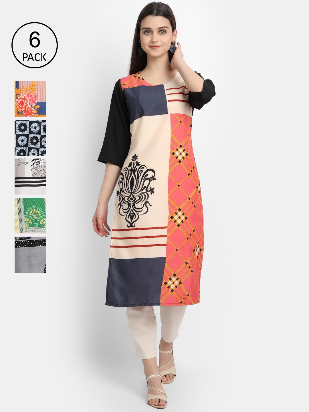 

1 Stop Fashion Women Pack Of 6 Multicoloured Digital Printed Crepe Kurta, Multi