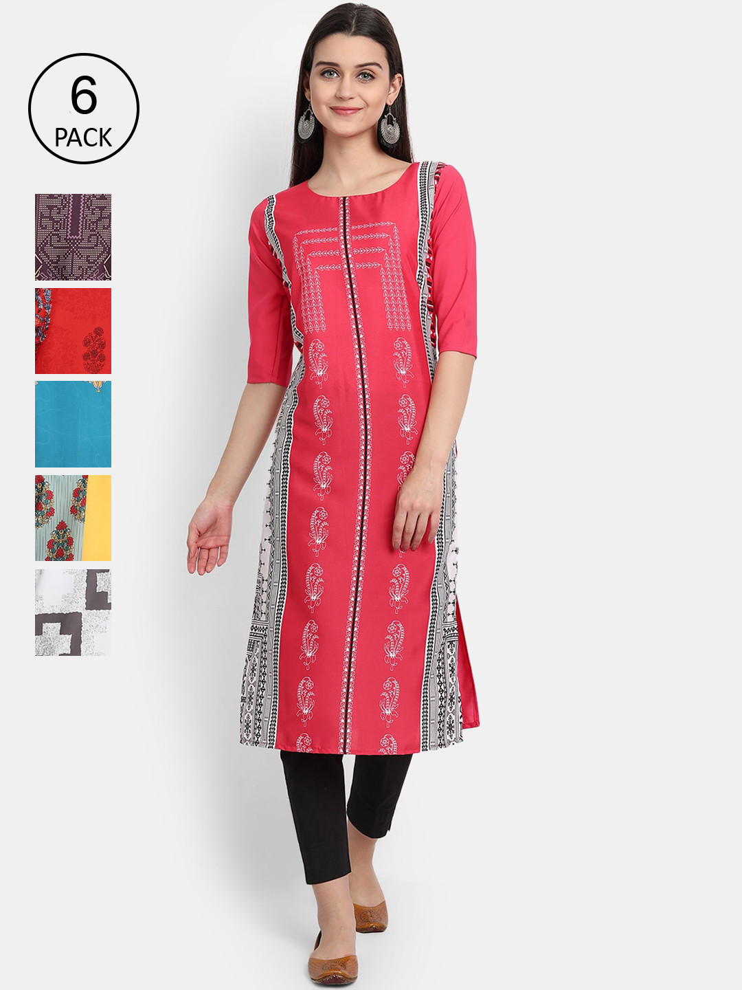 

1 Stop Fashion Women Pack Of 6 Multicoloured Digital Printed Crepe Kurta, Multi